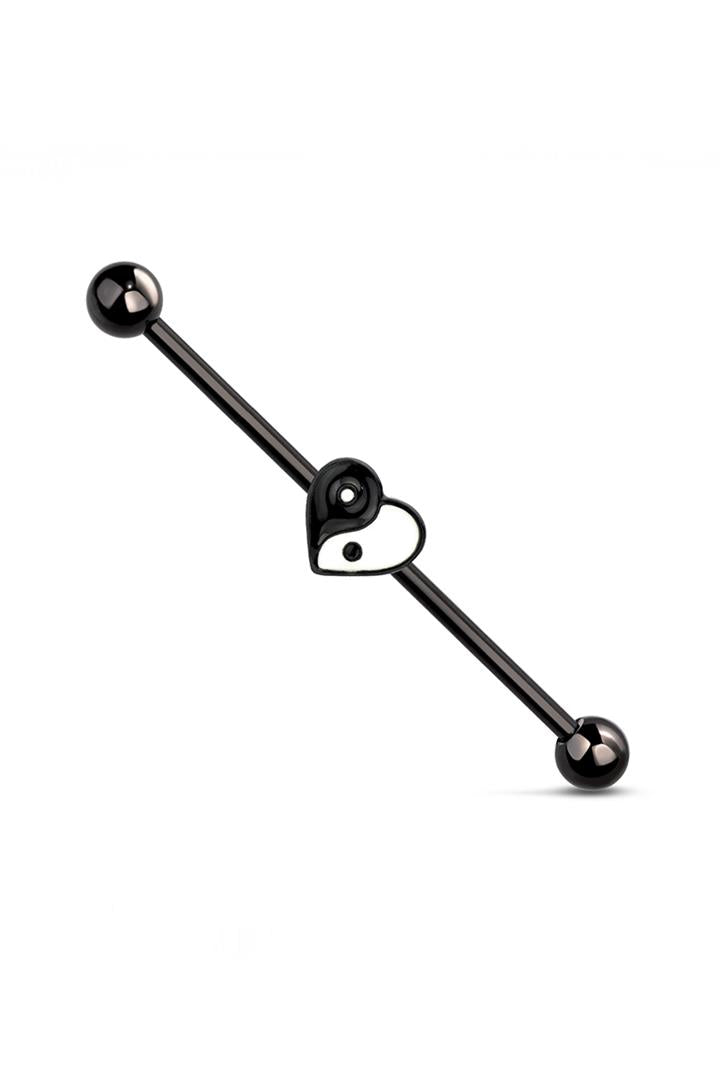14G SURGICAL STEEL YING YANG HEART 1 1/2" (38MM) INDUSTRIAL BARBELL